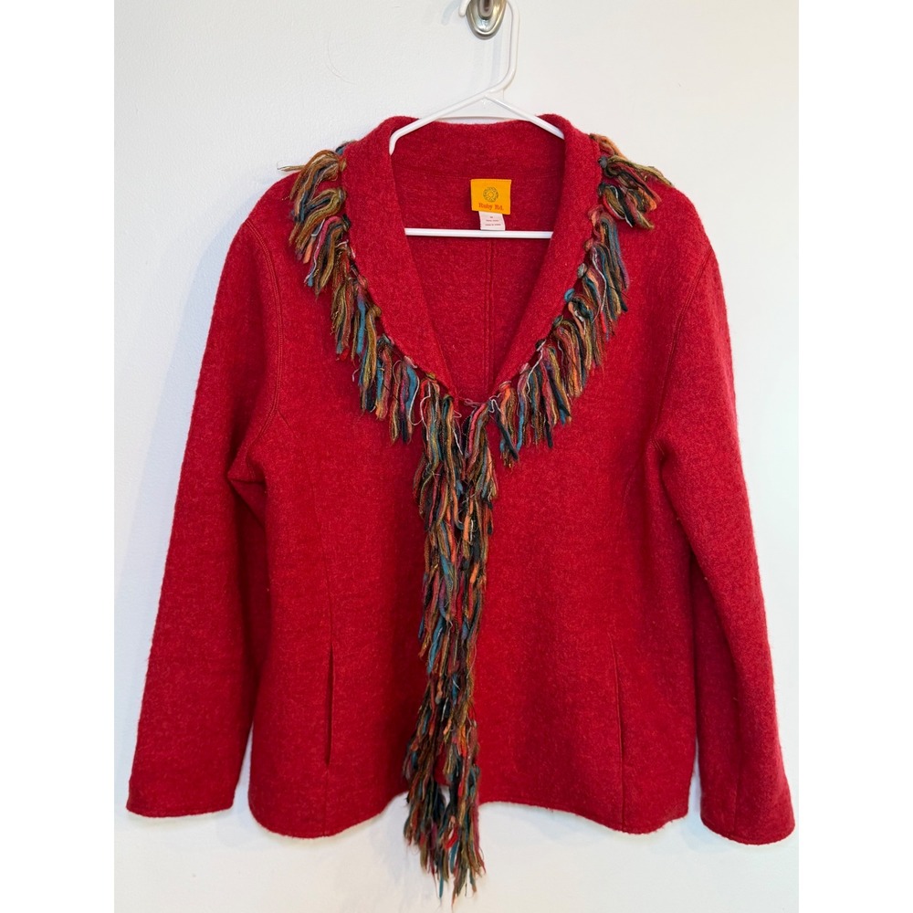 Ruby Rd Womens Red Boiled Wool Fringe Jacket Hook Eye Closure Medium RN107680